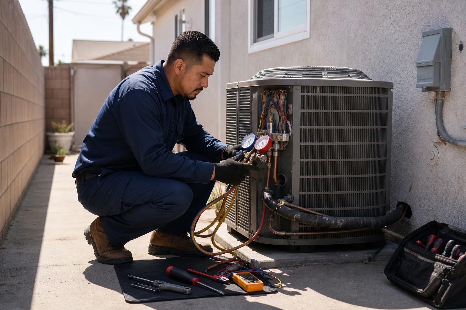 HVAC technician inspecting an outdoor air conditioner at a Gateway Cities Los Angeles home